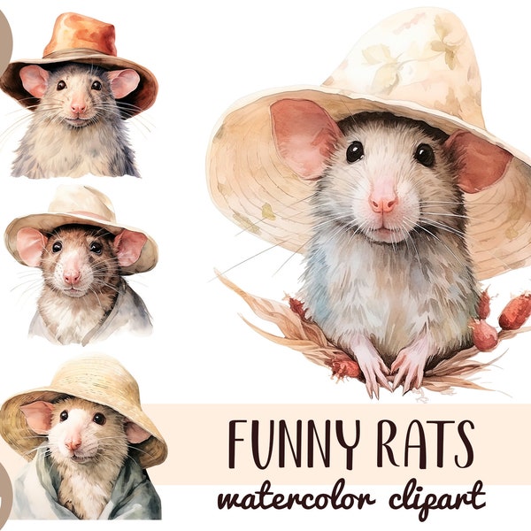 Watercolor funny rats clipart - cute mice in funny hat digital illustration- mouse sublimation PNG-rodents, straw hat, farm rat, country art