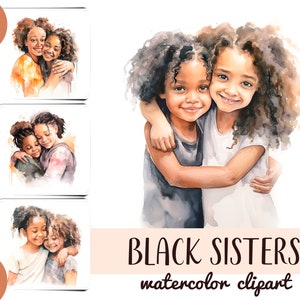 Aquarell dunkelhäutige Schwestern Clipart - braune süße Mädchen - zarte Illustration - schwarze Mädchen Porträt - schönes Mädchen mit Afro Sublimation