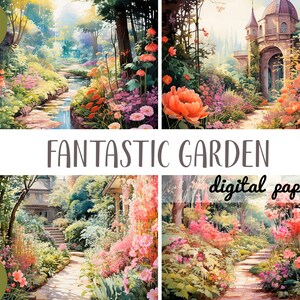 Aquarel fantastische tuin clipart - tuin met bloemen digitaal papier - park, tuinhuisje, steegje illustraties - romantisch natuurlijk landschap JPG