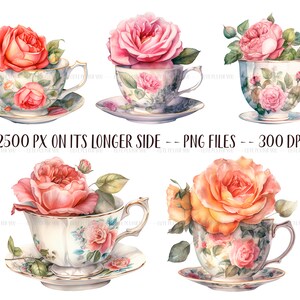 Watercolor vintage cups with roses retro tea mugs PNG-vintage roses pastel colors delicate illustrations antique flower arrangements image 5