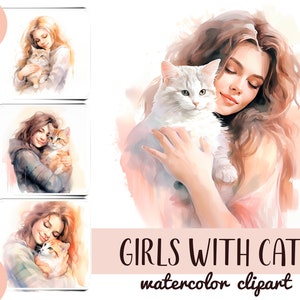 Chicas en acuarela con gatos clipart - lindo gatito sublimación JPG - delicados gráficos de mujeres - colores pastel - composiciones con adorable mascota