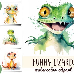 May include: A set of 12 watercolor clipart images of funny lizards. The lizards are green, orange, and yellow with big eyes and goofy expressions. The images are perfect for adding a touch of whimsy to your designs.