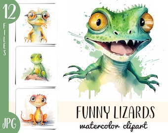 Watercolor Funny Lizard Clipart: Reptile Illustration (Digital Download)