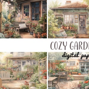 Watercolor cozy place in the garden clipart - garden at the house digital paper - porch, veranda with plants JPG - country house, village