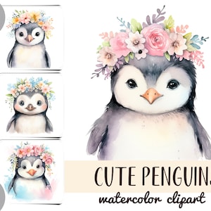 Acuarela de lindos pingüinos pequeños con flores, clipart - papel digital de pingüino de dibujos animados - animales en coronas de flores JPG - ilustraciones delicadas