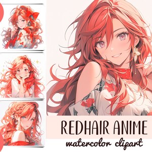 Clipart anime ragazza capelli rossi acquerello - carta digitale dai colori rosso brillante - illustrazioni delicate in stile giapponese - graziose ragazze anime rosse