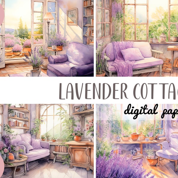 Watercolor lavender cottages clipart - lilac country house digital paper  cozy interiors JPG - summer house - living room, veranda, kitchen