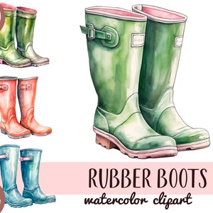 Rubberen aquarellaarzen - gekleurde overschoenen digitale afbeelding - kleren wachten op regen, set png