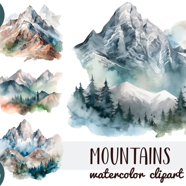 Watercolor mountains clipart - mount sublimation - beautiful landscape - nature graphics - snow in the mountains - big stones -greeting card
