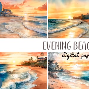 Akwarela wieczór plaża clipart - zachód słońca nad morzem papier cyfrowy - nad oceanem tło JPG - spacer wzdłuż plaży - piękne światło
