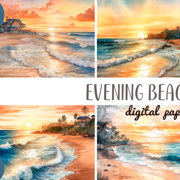 Watercolor evening beach clipart - sunset by the sea digital paper - by the ocean background JPG - walk along the beach - beautiful light