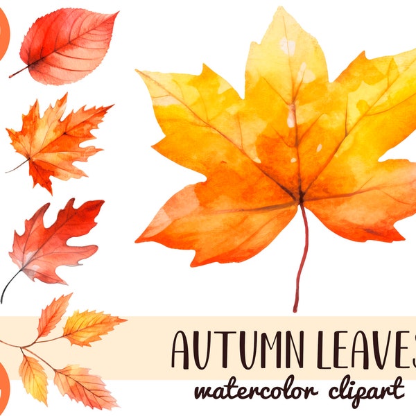 Watercolor autumn leaves clipart - forest leaf sublimation - fall leaves, orange leaf PNG - thanksgiving day - woodland decor - Junk Journal