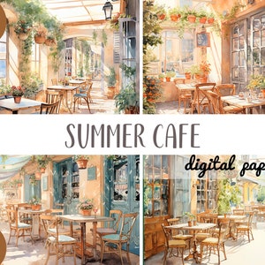 Watercolor facades of cafe clipart - summer cafe interior digital paper - coffee shop illustrations-cozy veranda, tables, flowers, cityscape