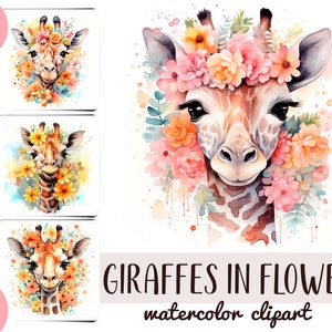 Giraffe dell'acquerello in clipart di fiori - giraffa con carta digitale fiori - sublimazione di animali africani floreali JPG - illustrazione tenera
