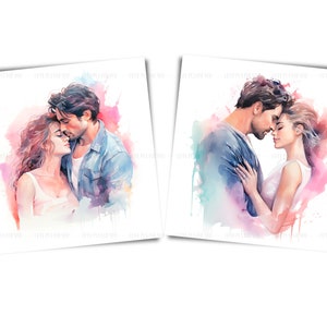 May include: A watercolor painting of a couple embracing. The man is wearing a blue shirt and the woman is wearing a white tank top. The painting is set against a pink and blue watercolor background.