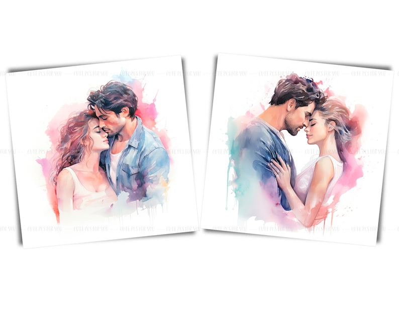 May include: A watercolor painting of a couple embracing. The man is wearing a blue shirt and the woman is wearing a white tank top. The painting is set against a pink and blue watercolor background.