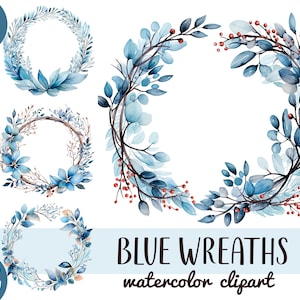 Aquarell Winter Kränze Clipart - blauer botanischer Rahmen PNG - Zweige, Zweige, Blätter transparenter Hintergrund, für Grußkarte