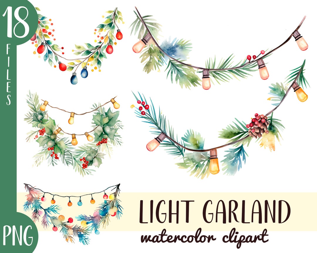 Watercolor Christmas Light Garland Clipart Holly Fir Etsy