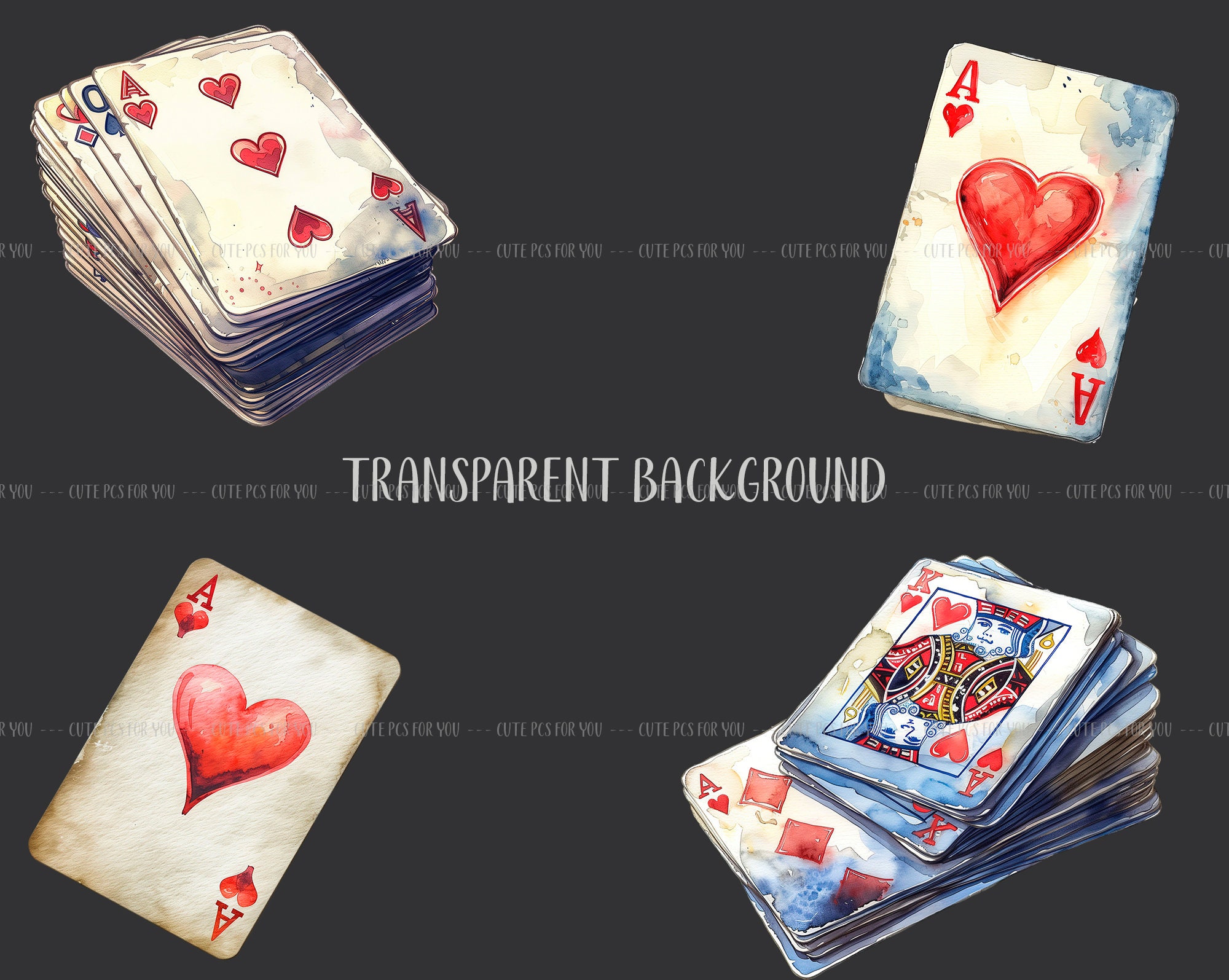Watercolor Playing Cards Clipart: Poker PNG Graphics (digital Download ...