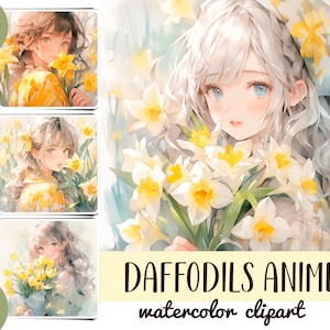 Clipart ragazza anime narcisi acquerello - carta digitale gialla - illustrazioni delicate in stile giapponese - ragazze floreali anime carine JPG
