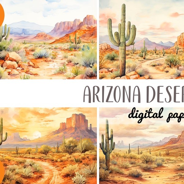 Watercolor arizona desert clipart - hot desert landscape digital paper - nature illustrations - mexico - sand, cacti, heat sublimation JPG