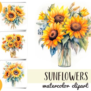 Clipart de girasoles en acuarela - ramo de girasoles en papel digital - sublimación de flores amarillas - arreglos florales de verano - girasol JPG