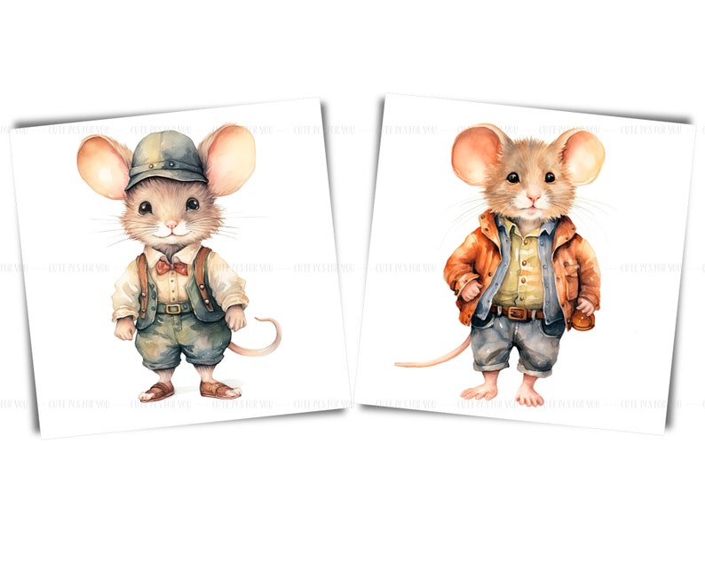 Watercolor Vintage Mice Clipart: Retro Mouse Illustration (Digital Download) image 6