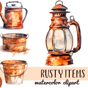 Clipart di oggetti arrugginiti ad acquerello - illustrazioni di cose con ruggine - vecchi secchi, lanterna, annaffiatoio, bollitore PNG - oggetti vintage - diario spazzatura