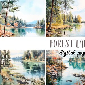 Aquarel bos meer clipart - hout clip ar - bomen groen achtergrond - zomer meer landschap - digitale aquarel - natuur graphics JPG