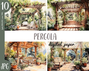 May include: A set of 10 digital paper designs featuring watercolor illustrations of pergolas with lush greenery and wooden benches. The designs are perfect for creating invitations, cards, and other paper crafts.