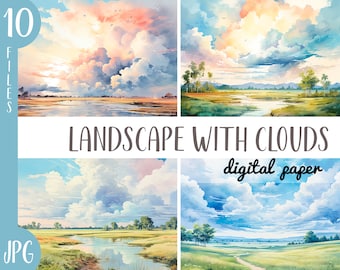 Watercolor landscape with clouds clipart - sky illustrations - heaven with clouds digital paper - pink, blue, yellow landscape - pastel sky