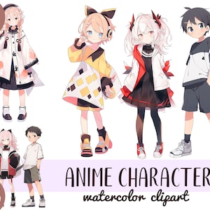 Aquarell Anime Kinder Charaktere Clipart - süße kawaii Teenager PNG - Grafiken im japanischen Stil - Cartoon Jungen und Mädchen Aufkleber, Sublimation