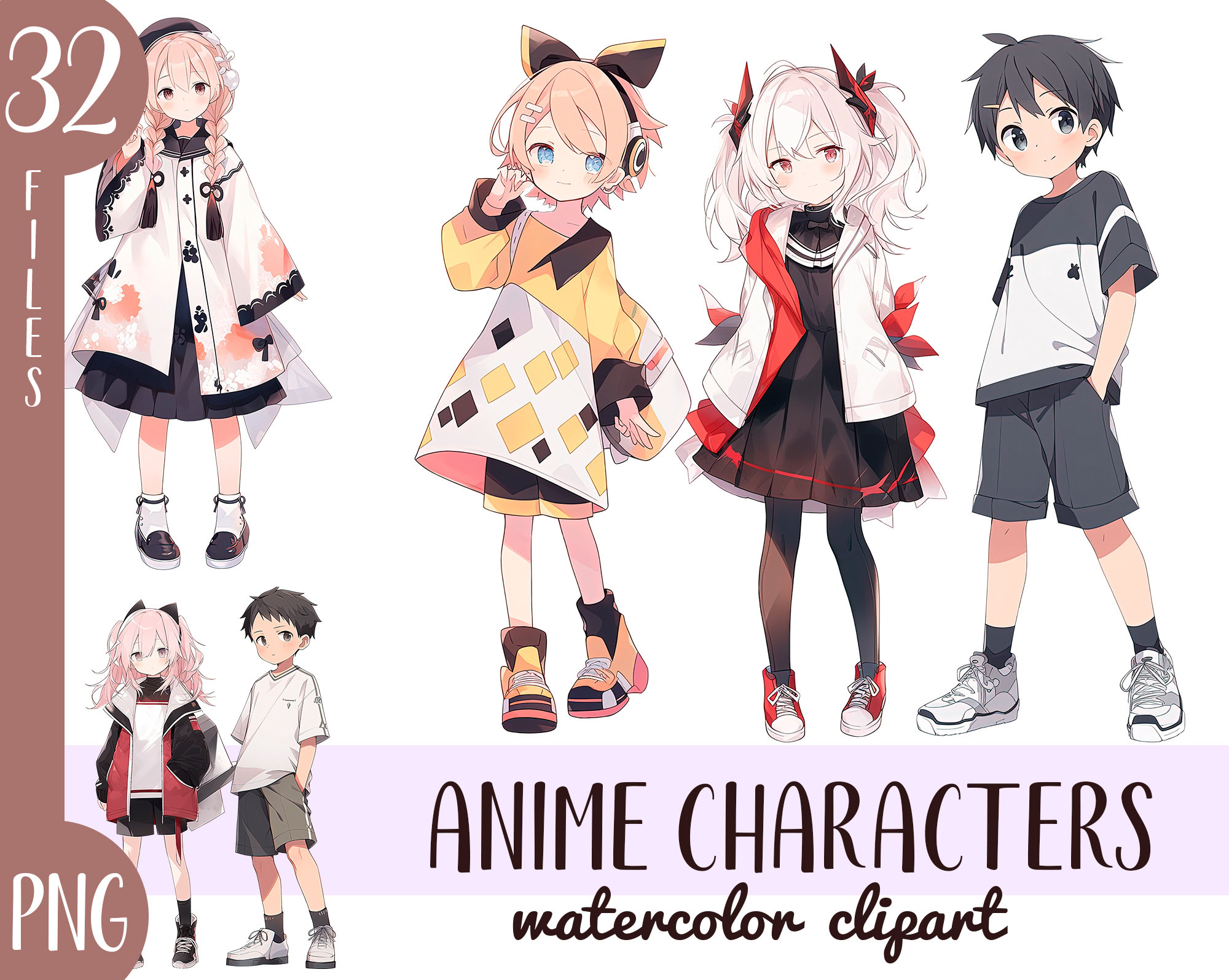 Aquarell Anime Kinder Charaktere Clipart - süße kawaii Teenager PNG - Grafiken im japanischen Stil - Cartoon Jungen und Mädchen Aufkleber, Sublimation