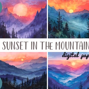 Aquarel zonsondergang in de bergen clipart - avond natuur digitaal papier - bergen achtergrond JPG - prachtig licht - boslandschap