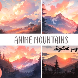 Anime zachód słońca w górach tła clipart - Japoński wieczorny krajobraz cyfrowy papier - anime styl kreskówki natura sublimacja JPG