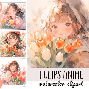Clipart anime ragazza tulipani acquerello - carta digitale fiori giapponesi - illustrazioni delicate in stile giapponese - graziose ragazze anime floreali