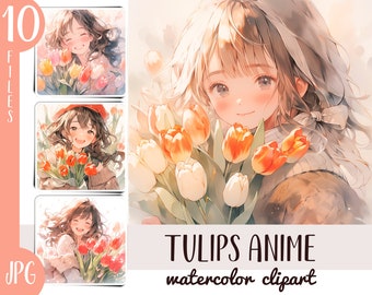 Akvarell tulpaner anime flicka clipart: japanska blommiga illustrationer (JPG-filer)