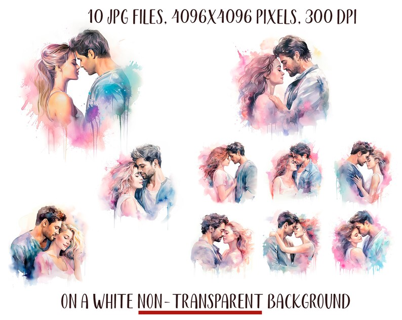 Watercolor Couple Clipart: Romantic Pastel Illustrations (JPG Digital Files) image 2