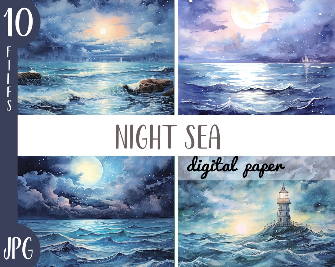 Watercolor Night Sea Clipart: Starry Sky, Lighthouse (JPG Digital Paper ...