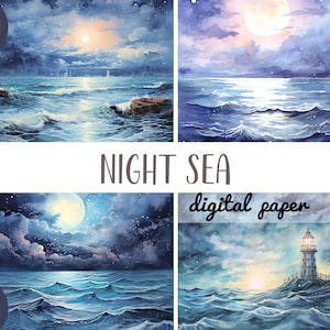Watercolor night sea clipart - waves, starry sky, moon, lighthouse digital paper - by the ocean background JPG - sea landscape graphics