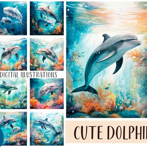 Aquarell süße Delfine Clipart - Unterwasser-Digitalpapier - Korallensublimation - Delfin JPG - Meeresgrafik - Meeresillustration