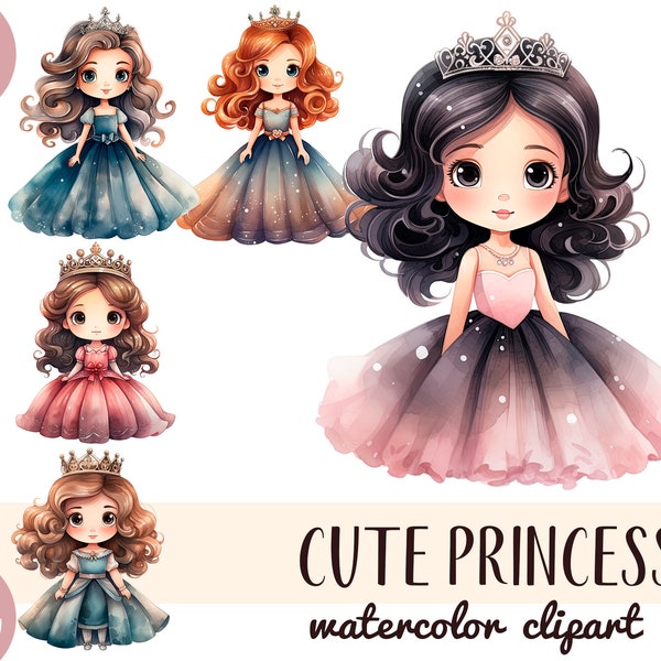 Watercolor cute princess clipart - cartoon funny girls in dress PNG - little princess illustrations -for girl party -queen, crown, ball gown