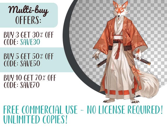Watercolor Kitsune Men Clipart: Japanese Yokai Fox PNG (digital