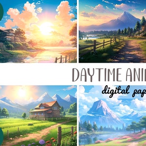Clipart de fundos de anime - papel digital de paisagens urbanas japonesas do meio-dia - Tóquio, montanha, estrada - estilo de desenho animado de anime sublimação de natureza JPG