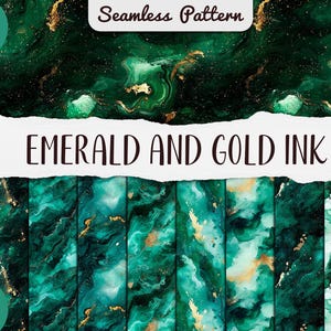 May include: Seamless pattern digital paper featuring 16 emerald green and gold ink marble designs. The patterns are perfect for creating backgrounds, invitations, and other digital projects.
