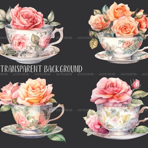 Watercolor vintage cups with roses retro tea mugs PNG-vintage roses pastel colors delicate illustrations antique flower arrangements image 8