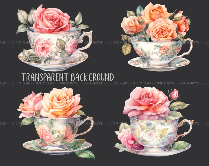 Watercolor vintage cups with roses retro tea mugs PNG-vintage roses pastel colors delicate illustrations antique flower arrangements image 8