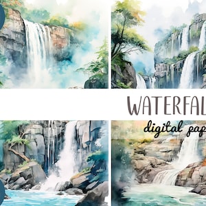Clipart de cachoeiras em aquarela: ilustrações de paisagens tropicais (papel digital JPG)