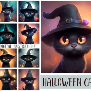 Clipart de chats de magie noire d'Halloween - chat mignon dans un papier numérique de chapeau de sorcière - sublimation d'attributs magiques - sorcellerie - chaton mignon JPG