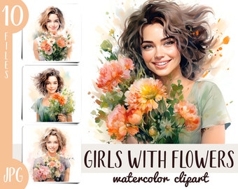 Watercolor girls with flowers clipart - cute woman with a bouquet digital paper - wild flowers illustration - floral wall art -girl portrait